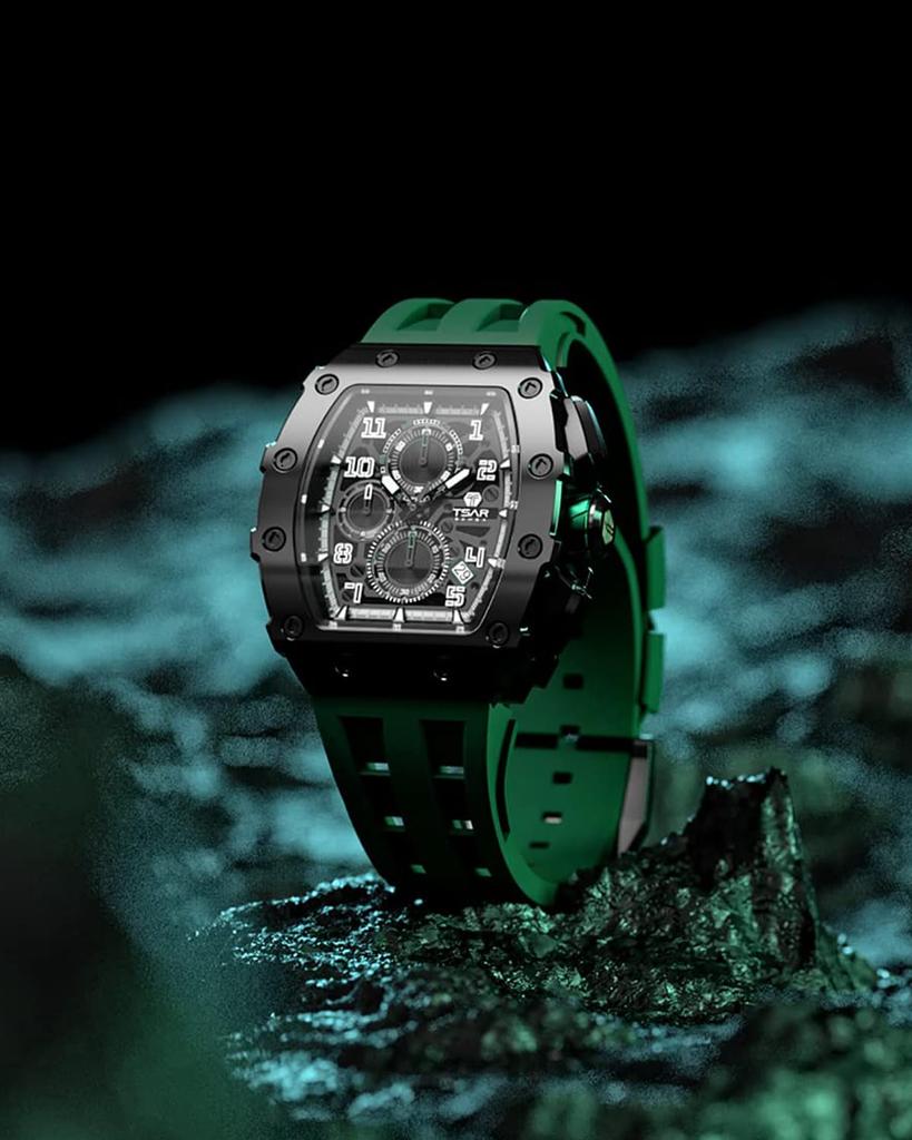 Часы TSAR BOMBA 50M Водонепроницаемые часы Простые и классические часы с циферблатом Tonneau Роскошный силиконовый ремешок из сапфирового стекла и корпус с японским механизмом для мужчин
