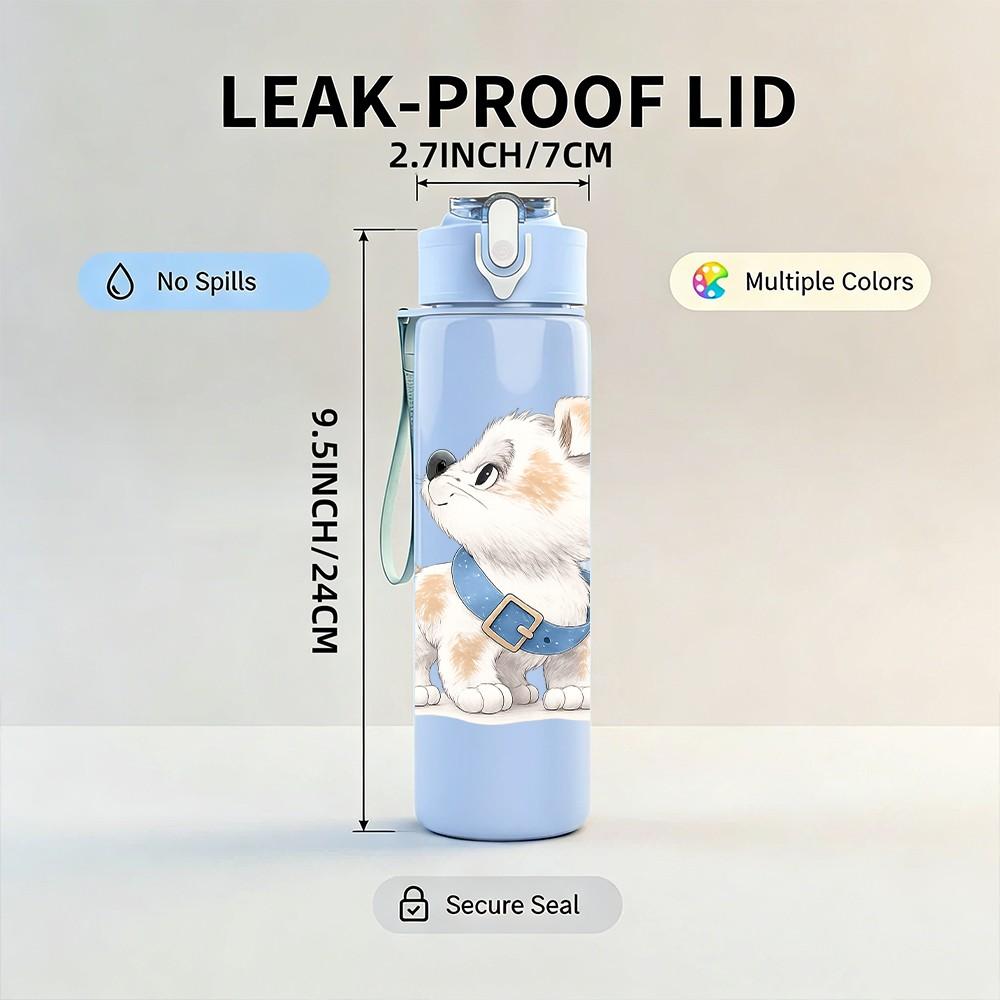 1PC White Puppy Portrait 750ml Color Plastic Sports Water Bottle Leakproof Flip Straw Lid Suitable for Sports Office Home Use