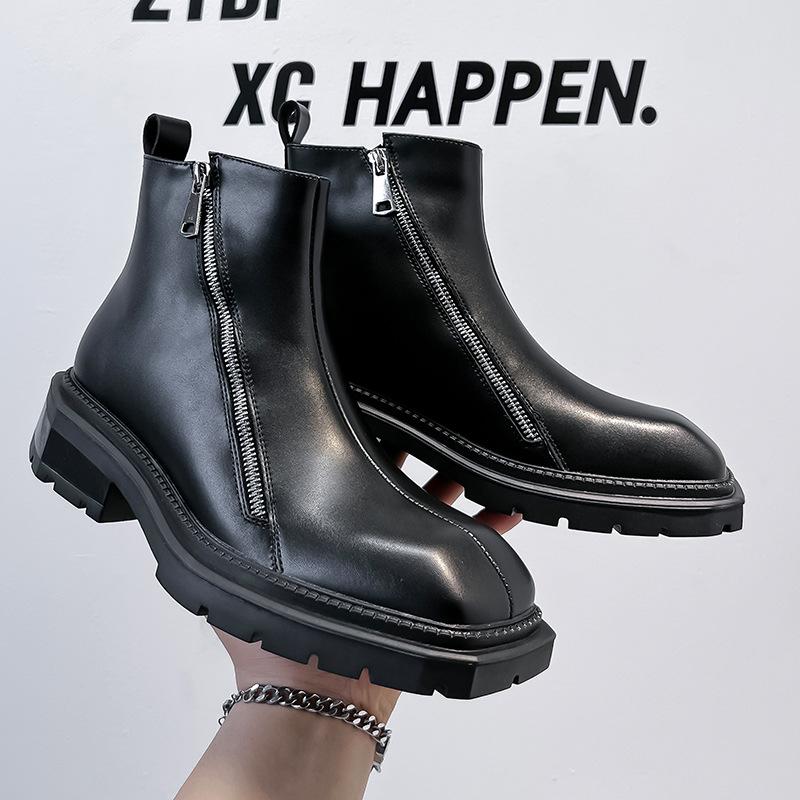 Korean version of square-headed Chelsea boots men's British style retro zipper platform-soled Martin boots high-top leather shoes 4512-A