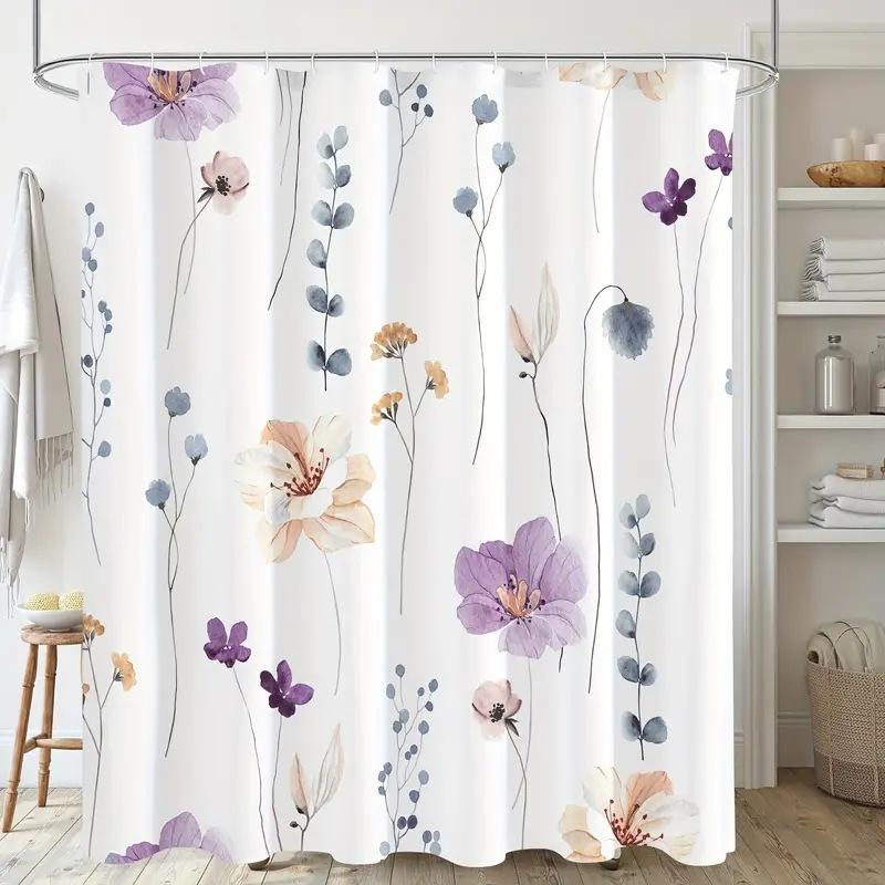 Colored Shower Curtain Plastic Hooks Modern Abstract Floral Design Chic Bathroom Decor