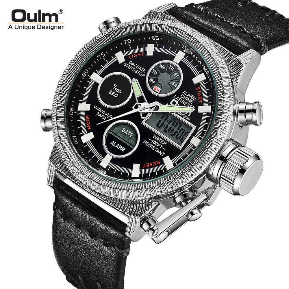 Oulm Многофункциональные электронные мужские часы для отдыха, модные кварцевые мужские часы из натуральной кожи с подсветкой