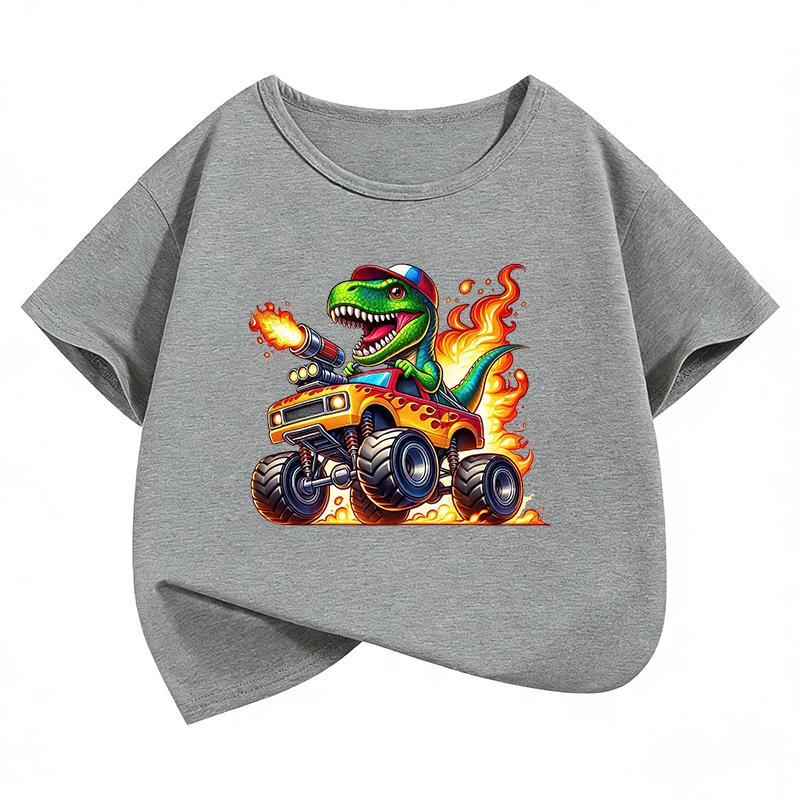 TShirt Kawaii Dinosaur with Car Printed T Shirt Boy Summer Clothes Short Sleeve Tops TShirts Cute Girls Clothing Kids