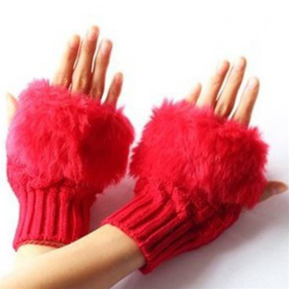 Fashion Clothes Ladies Winter Fur Woolen Knitted Warmer Fingerless Gloves Warmer Rabbit Fur Gloves Plush Half Finger Gloves Knitted Winter Warm Gloves