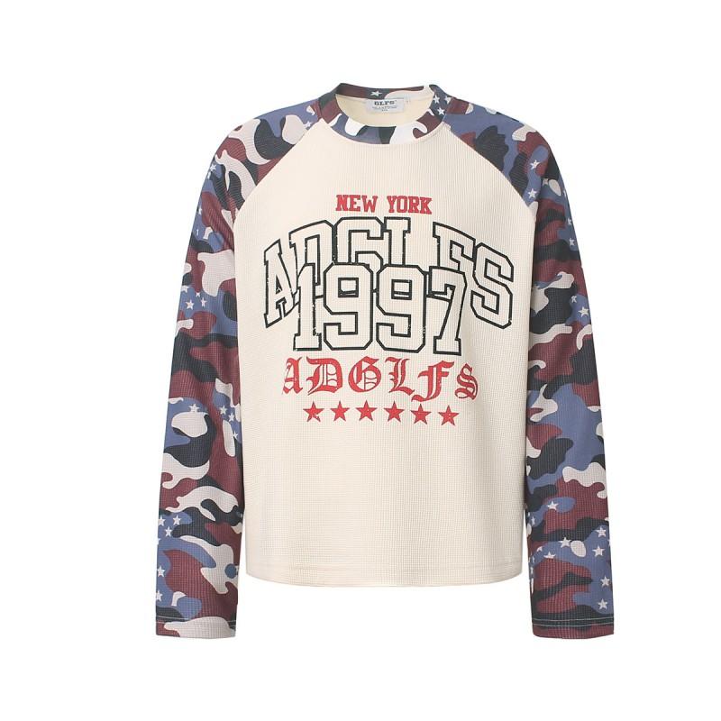 Мужская винтажная камуфляжная футболка с длинным рукавом свободного кроя Streetwear хлопковый топ с круглым вырезом