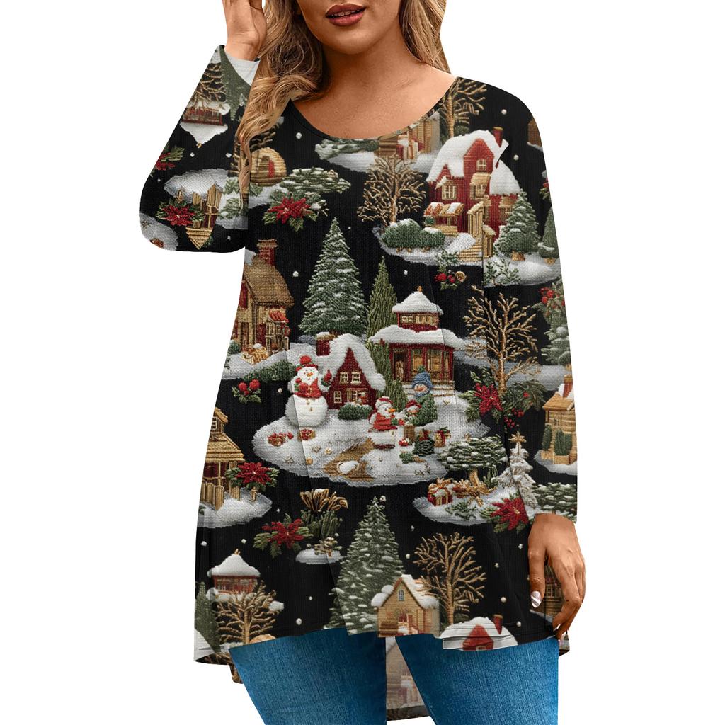 Women's Fashionable Casual Long Sleeved Plus Size  Print Top Plus Size Floral Print Top