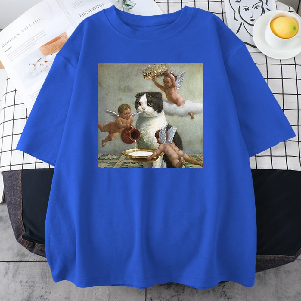 Scottish Fold Angel Crown Print Женская одежда унисекс Индивидуальные повседневные футболки с круглым вырезом All-math Loose Мужские хлопковые футболки с коротким рукавом