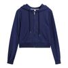 Женское укороченное худи на молнии темно-синего цвета, с длинными рукавами, повседневная куртка с капюшоном