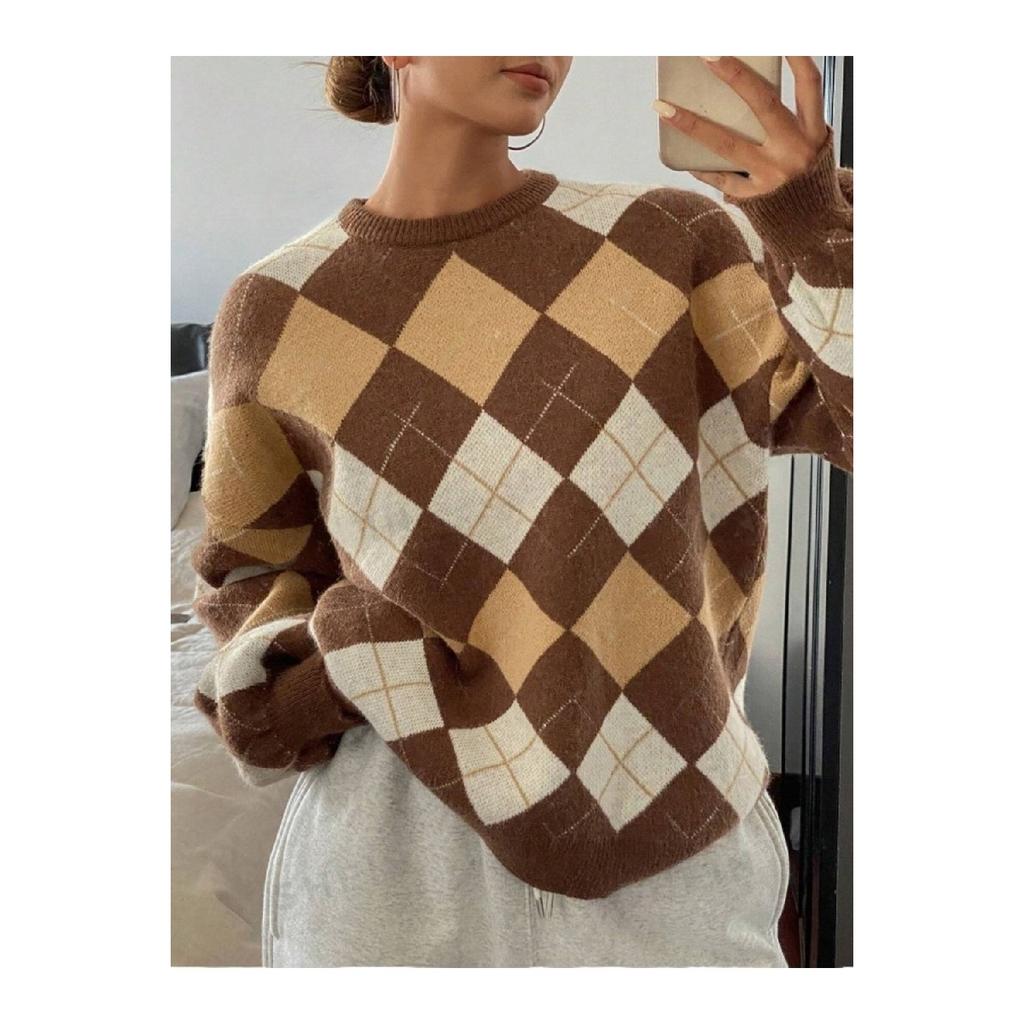 Women's Square Patterned Tile Crew Neck Knitwear Sweater