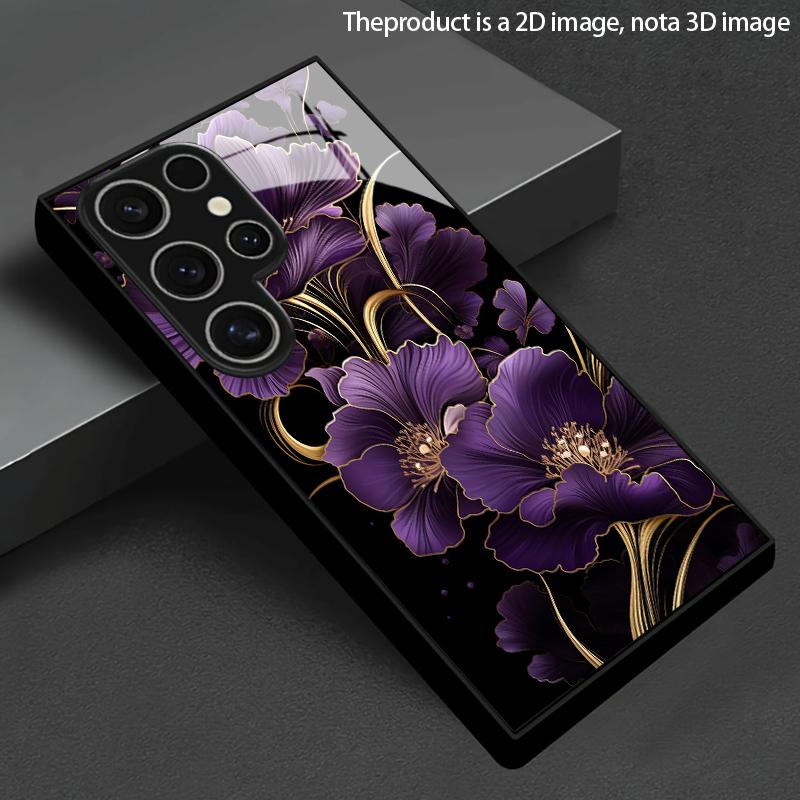 Фиолетовый золотой цветочный узор 2D чехол для телефона для Samsung S26 S25 S24 S23 S22 S21 S20 A56 A36 A16 Защитная крышка из закаленного стекла