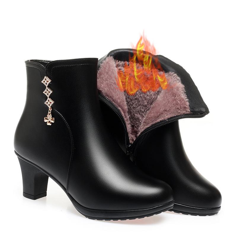 Осенне-зимние женские кожаные ботинки Новая мода Водонепроницаемые Боковая молния Высокий каблук Нескользящие Легкие Теплые хлопковые ботинки