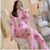 Women's Pajamas Set Cardigan Printed Long-sleeved Trousers Homewear Two-piece Blue Strawberry Pattern College Students Sleepwear
