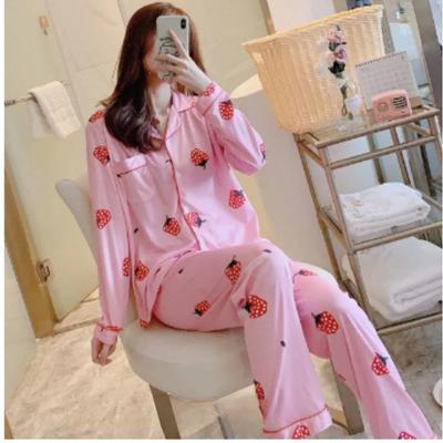 Женский пижамный комплект, кардиган с принтом, брюки с длинными рукавами, домашняя одежда, комплект из двух частей, синяя клубничная с узором, одежда для сна для студентов колледжа
