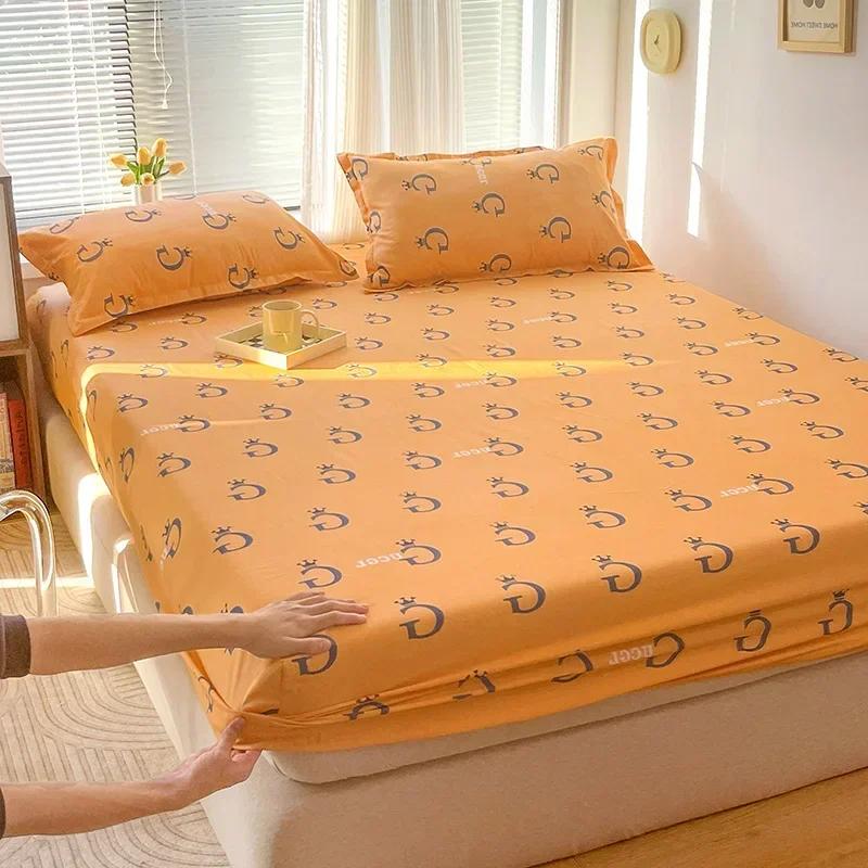 Зеленый клетчатый узор Набор простыней на резинке Любовь Сердце Защитный чехол для матраса 3 предмета Хлопковый постельный комплект Дышащий, приятный для кожи