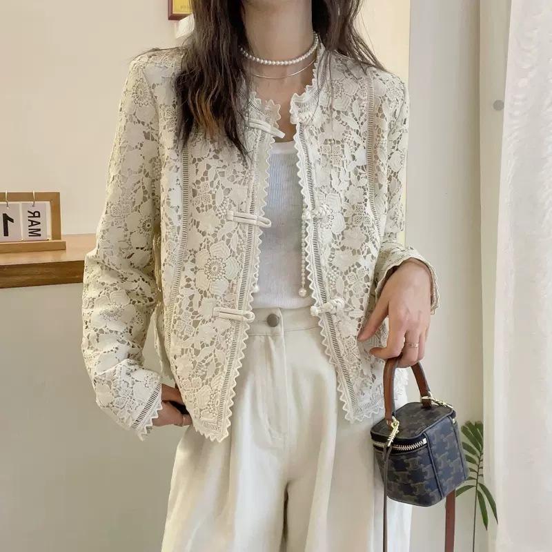 Lace Hook Flower Short Coat Women's Long Sleeved Spring Autumn Clothing Thin Cut Hollow Top