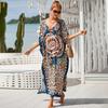 Plus Size Boho Cover Up, Women's Plus Painting Print Bat Sleeve V Neck Split Hem Maxi Cover Up Dress