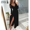 HNXC Maxi Dress Solid Color Big Hem Women Elegant Irregular Waist Travel