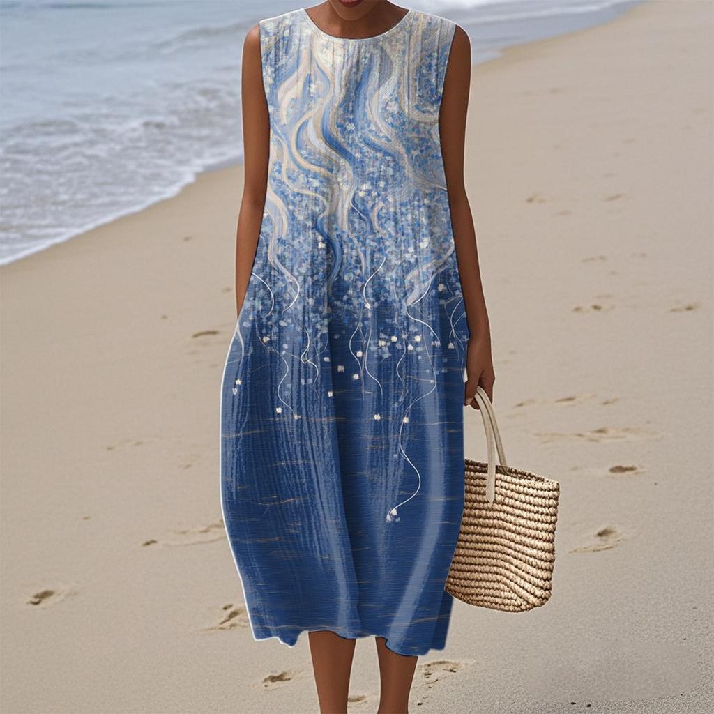 Женское модное повседневное платье без рукавов с круглым вырезом и цветочным принтом, элегантное, темпераментное