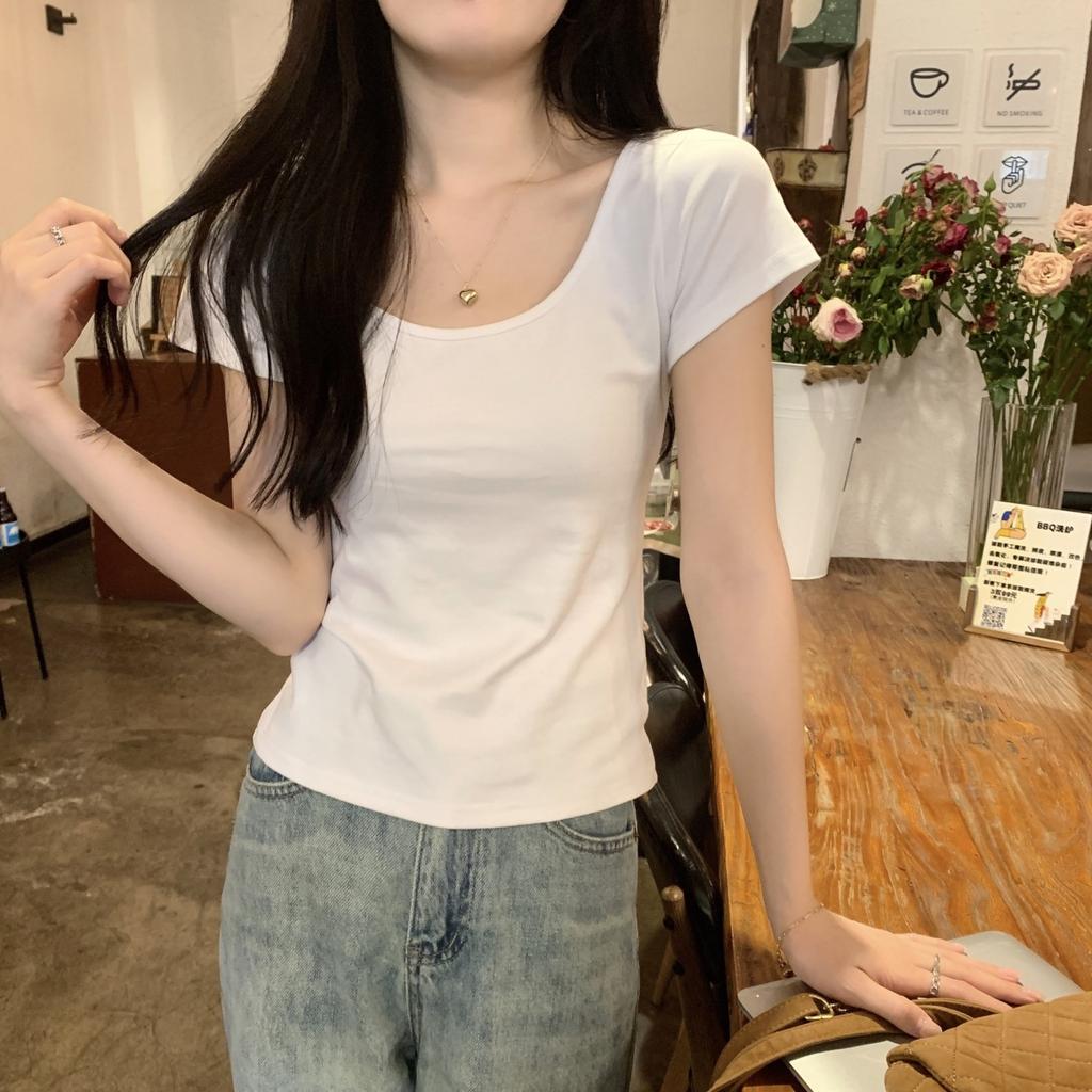 Summer Versatile Large Crew Neck Exposed Clavicle Skinny Slim Design Short Sleeve T-Shirt Women's Top