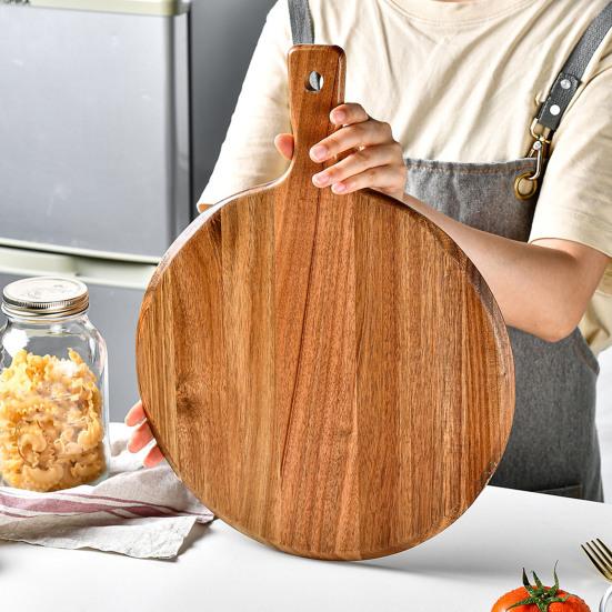 Wooden Pizza Pan with Long Handle Round Multifunction Cutting Chopping Board Vegetable Cake Bread Dessert Steak Meat