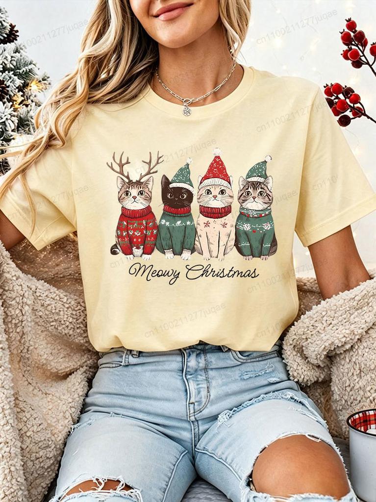 Женская Рождественская футболка Meowy Christmas Милый Кот Рождественский Свитер Шапка Принт с Оленем Короткий Рукав Повседневный Праздничный Вечеринка Футболки Топы подарок