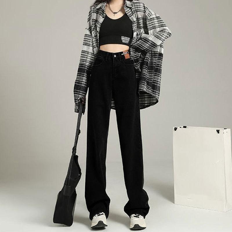 GMXIA Джинсы грушевидной формы, повседневные, с высокой талией, широкие брюки, прямые, кожаные, фирменный дизайн, ретро, брюки до пола, осень