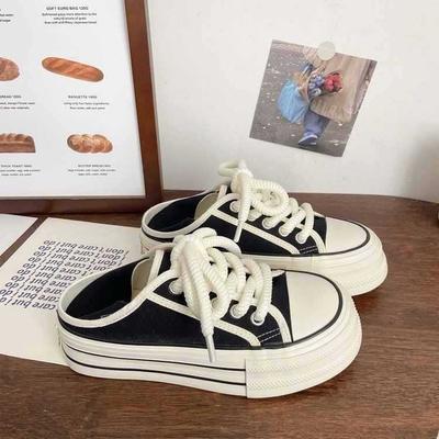 Холщовые туфли на толстой подошве и две носки, женские летние тонкие стили, универсальные ретро для ленивых людей, одна педаль, маленькие белые туфли, независимая станция