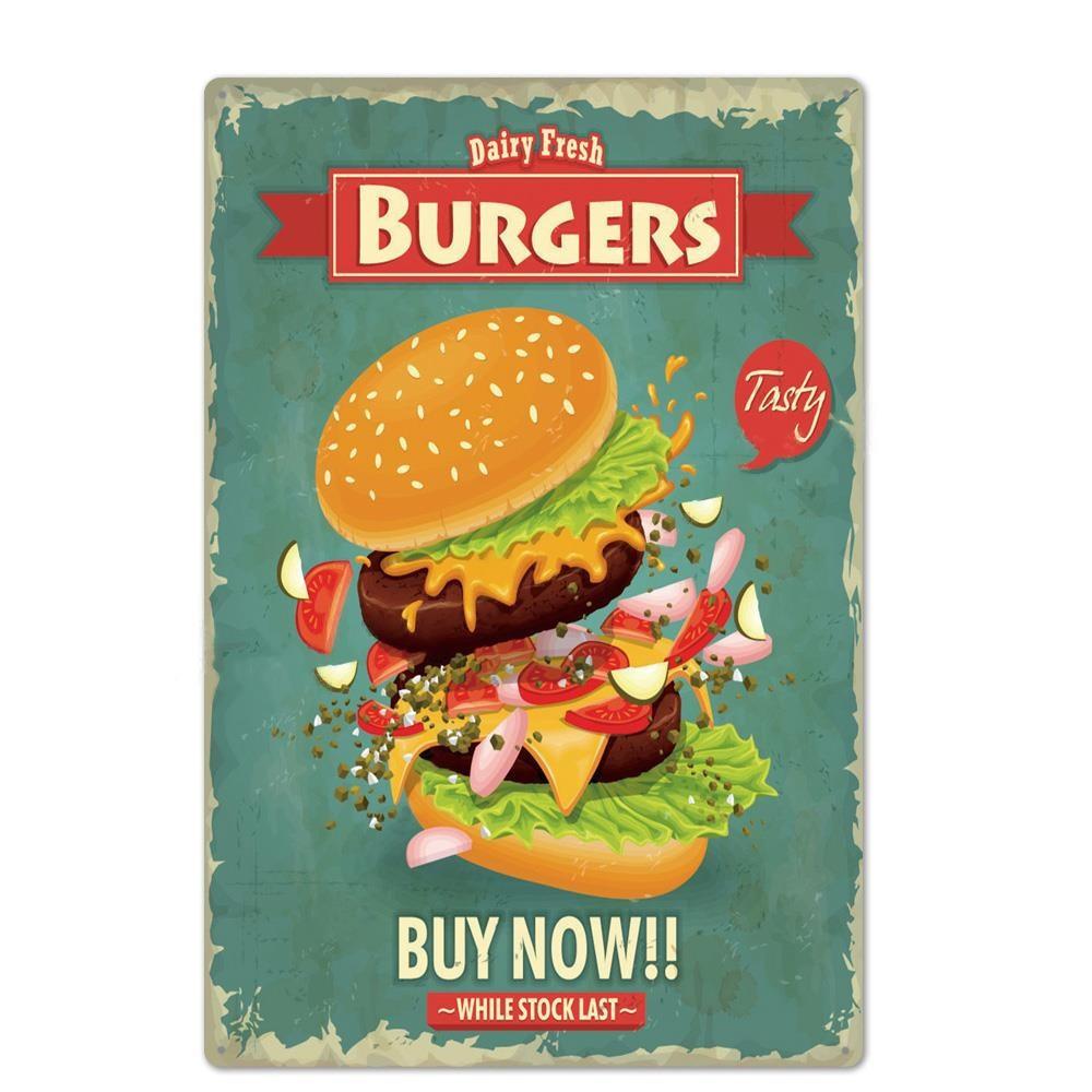 Металлическая вывеска для гамбургера, винтажная жестяная вывеска для ресторана быстрого питания, настенный декор для кухни, кафе, закусочной, бара, бургера, металлические вывески 20x30c