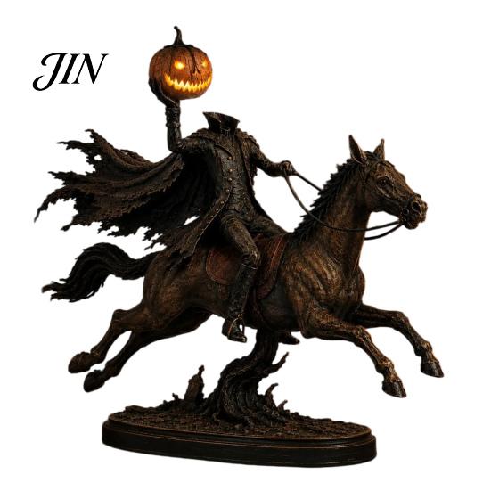 Scary Bookshelf Accents Lighted Headless Horseman Statue, Light Up Riding Horse Warm Indoor Spooky Atmosphere Lights Glow LED Pumpkin Head Sculpture