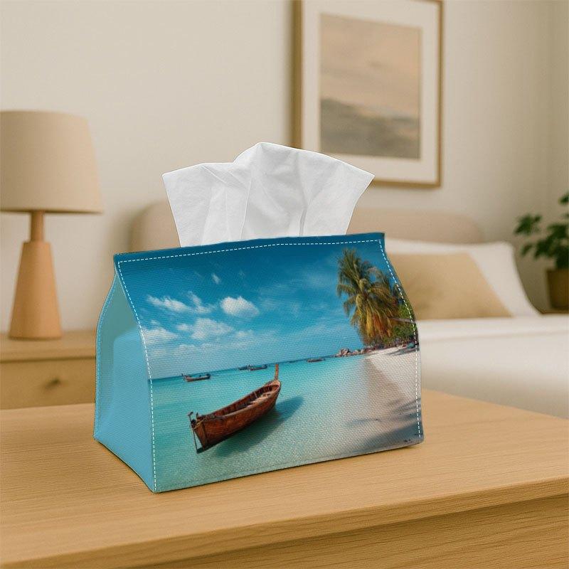 The 1pc Tissue Box Holder, Resembling a Boat, Is Stationed on a Pristine White Sandy Beach in a Tropical Location - A Versatile Napkin Dispenser Suita