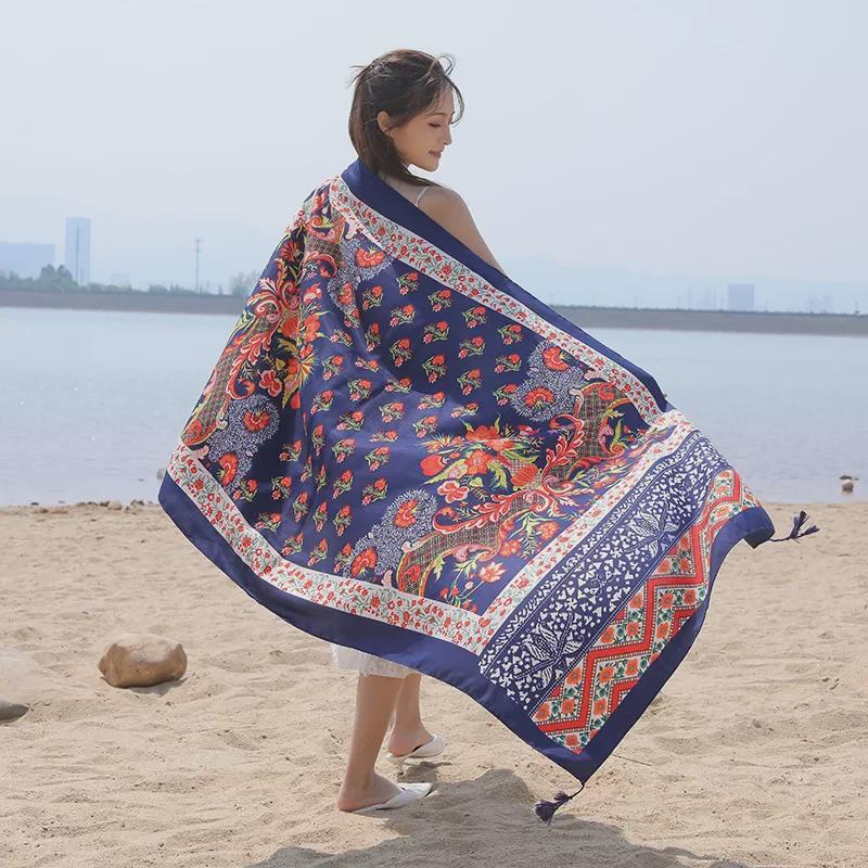 Seaside Travel Cotton & Linen Scarf: Silk Print, Sunscreen Shawl