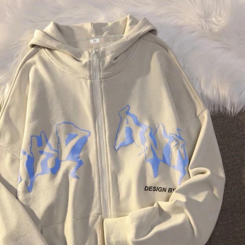 Mens Gothic Letter Print Hooded Zip-Up Sweatshirt Oversized Casual Winter Jacket