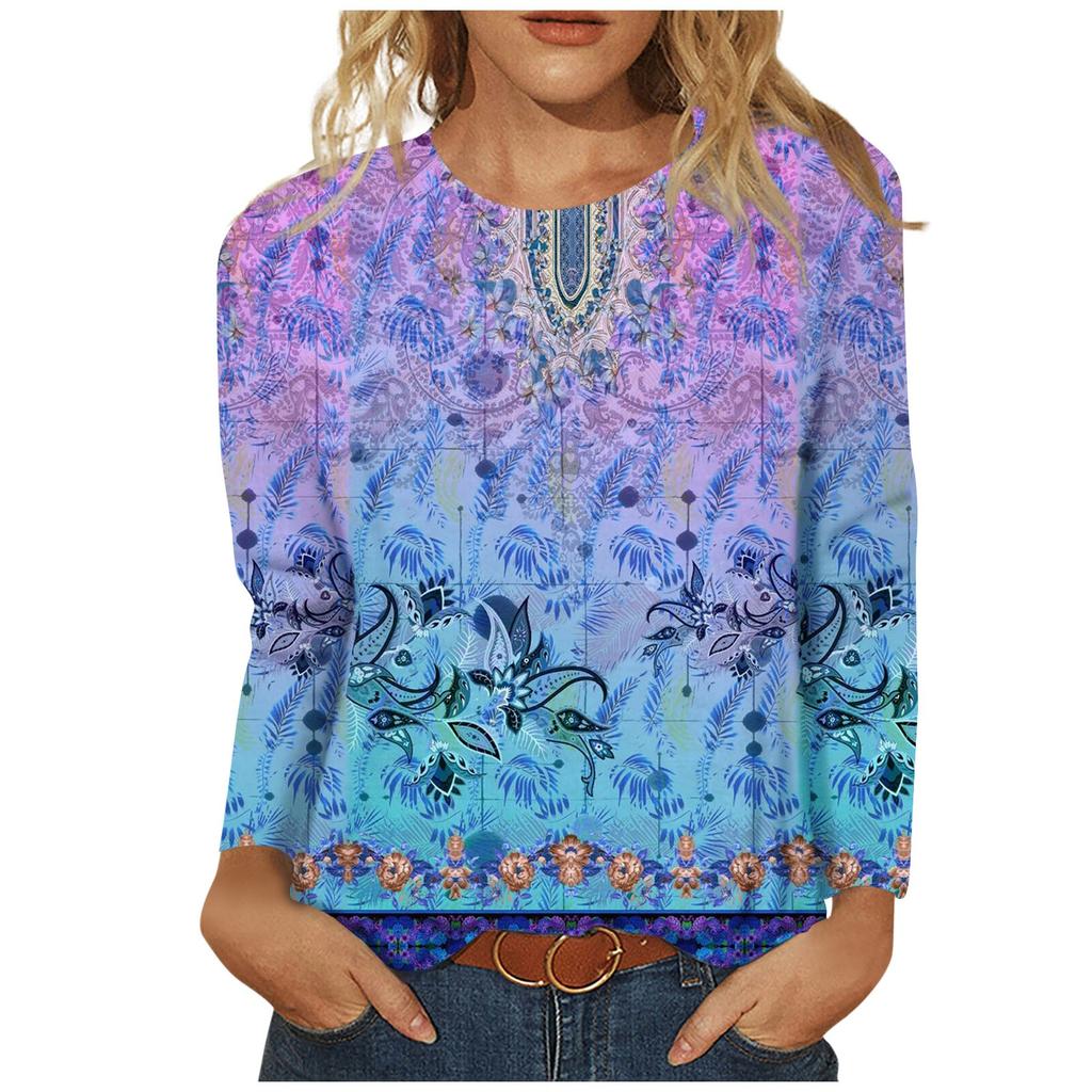 Женская мода повседневная с длинным рукавом и принтом с круглым вырезом, топ-пуловер, блузка, топы для женщин, женские топы и блузки 2024 года, нарядные топы