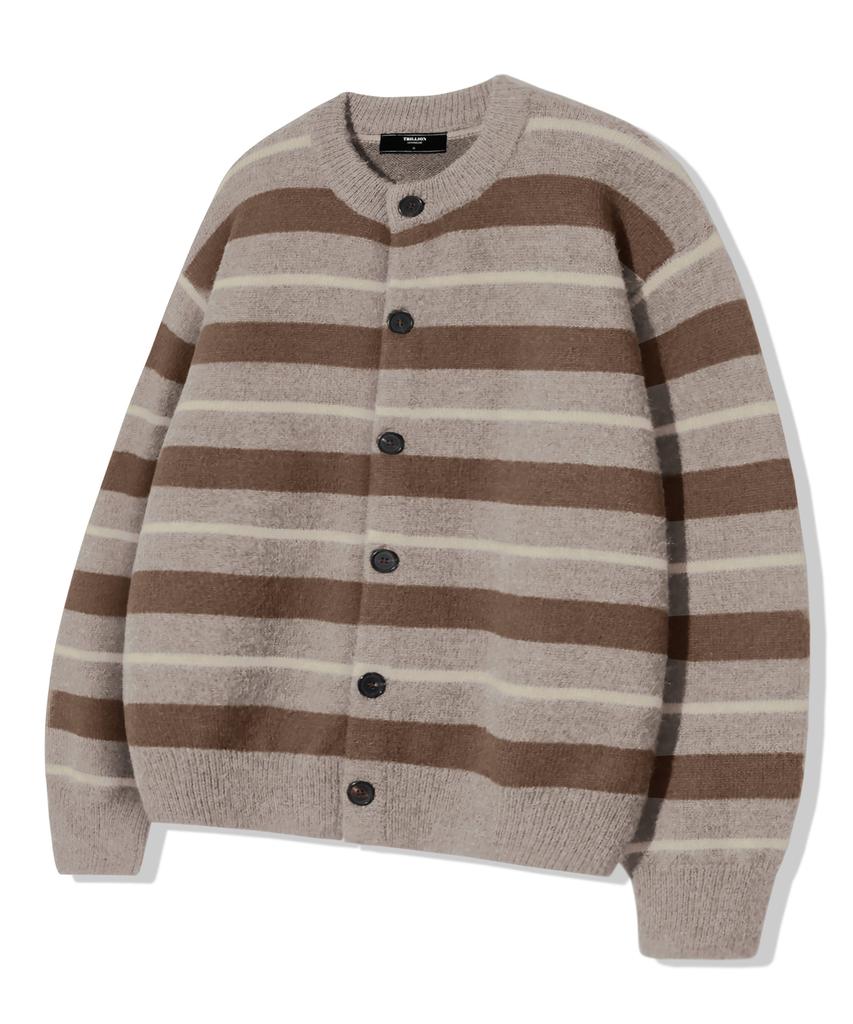 TRILLION Washable Hairy Striped Button Cardigan Knit_Beige