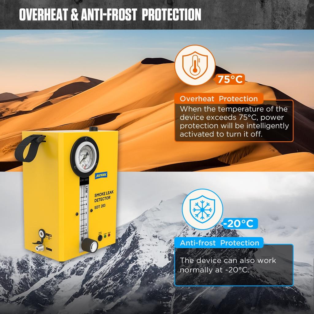 Автомобильный дымогенератор, анализатор утечек труб, AUTOOL SDT203, источник питания 12 В, внутренний воздушный насос, манометр, регулируемый размер дыма