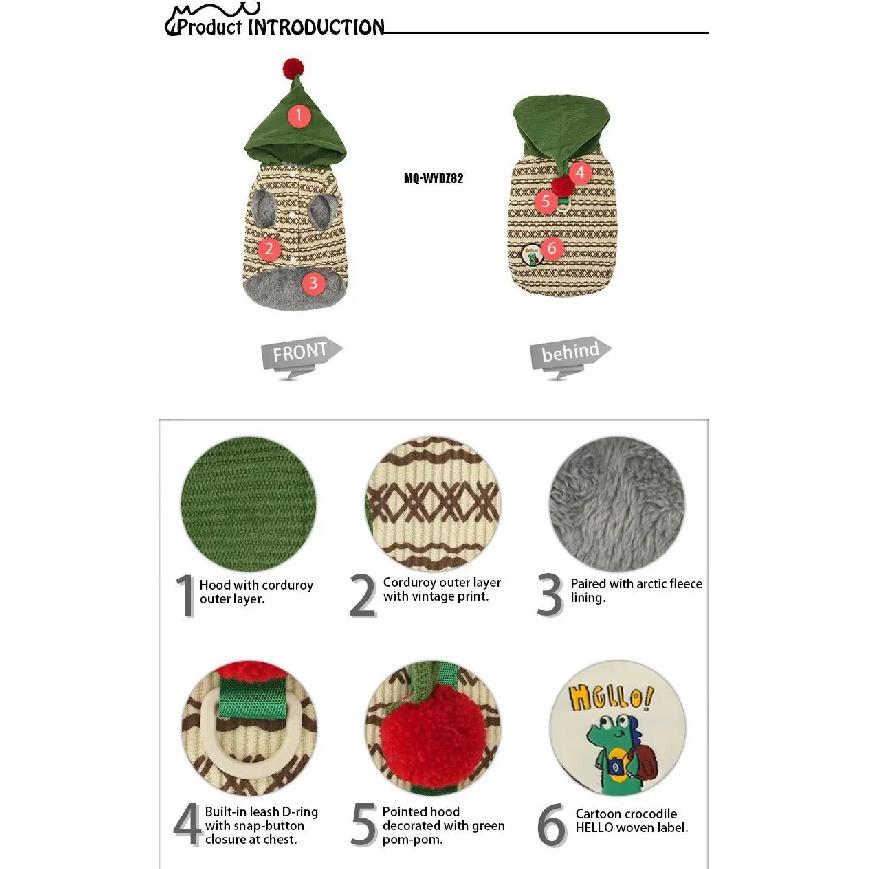 Cute Pom Pom Pointed Hood Dog Winter Vest Vintage Knit Corduroy Pet Coat Fleece Lined With D-ring Small Medium Dog Puppy Clothes
