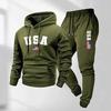 Men Women Hooded Sweatshirt Set With USA Flag Print Warm Fleece Lined Casual Sportswear Winter Outfit
