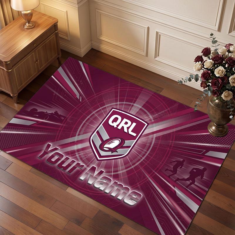 Queensland Maroons Personalized Crystal Velvet Carpet, Customized Name Text Soft Anti‑Slip Rug for Living Room Bedroom