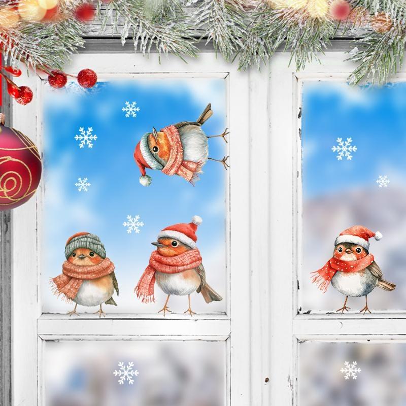 Christmas Static Window Clings Robin Snowflake Winter Design Non Adhesive for Xmas Home Office Glass Decor