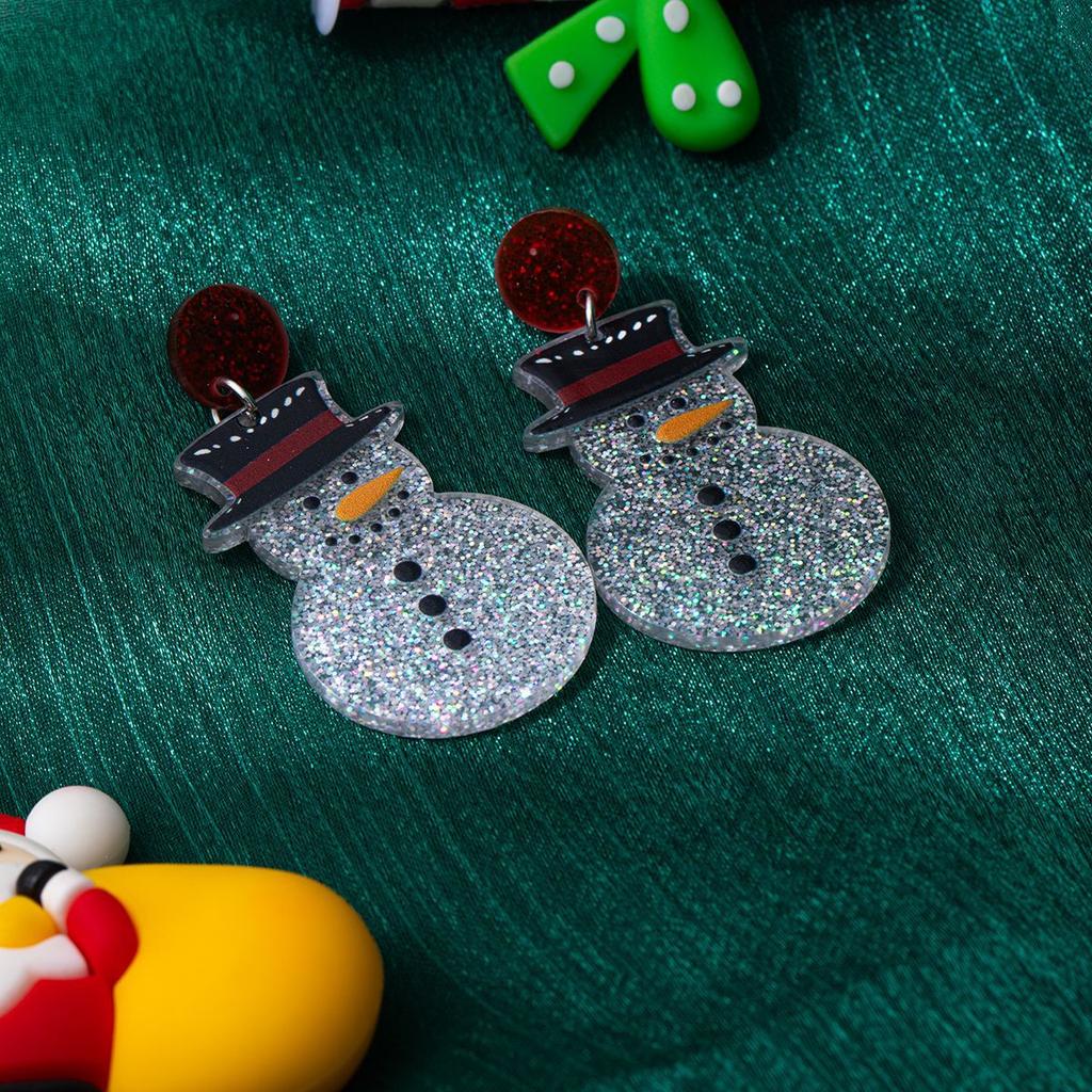 Fine Flash Cartoon Cute Christmas Snowman Acrylic Earrings, Fun Creative Design Earrings For Women