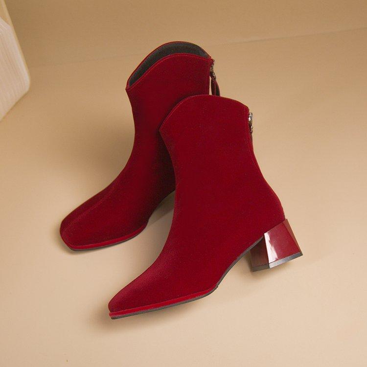 Ботильоны на толстом каблуке, черные, коричневые, флок, женские зимние туфли, элегантные, на высоком каблуке, с острым носком, короткие женские ботильоны