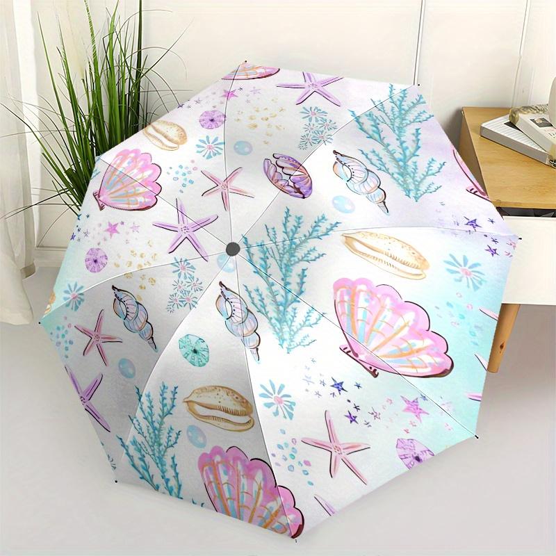 Seashell Pattern Automatic Folding Umbrella Simple 8 Rib Design, Bright Cartoon Pattern, Durable Iron Frame, Suitable For Travel, Outdoor,