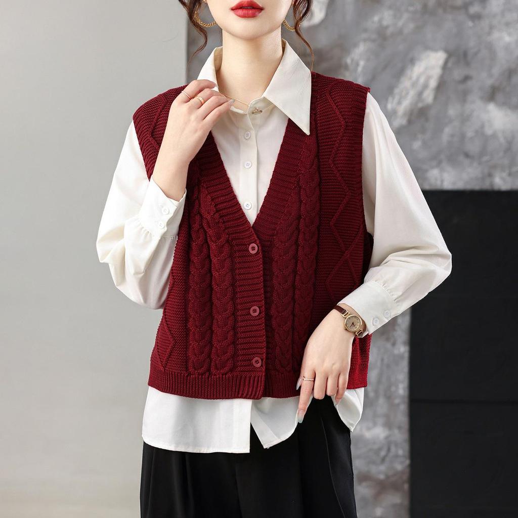 Women's Loose Wool V-Neck Sleeveless Sweater Vest for Autumn & Spring