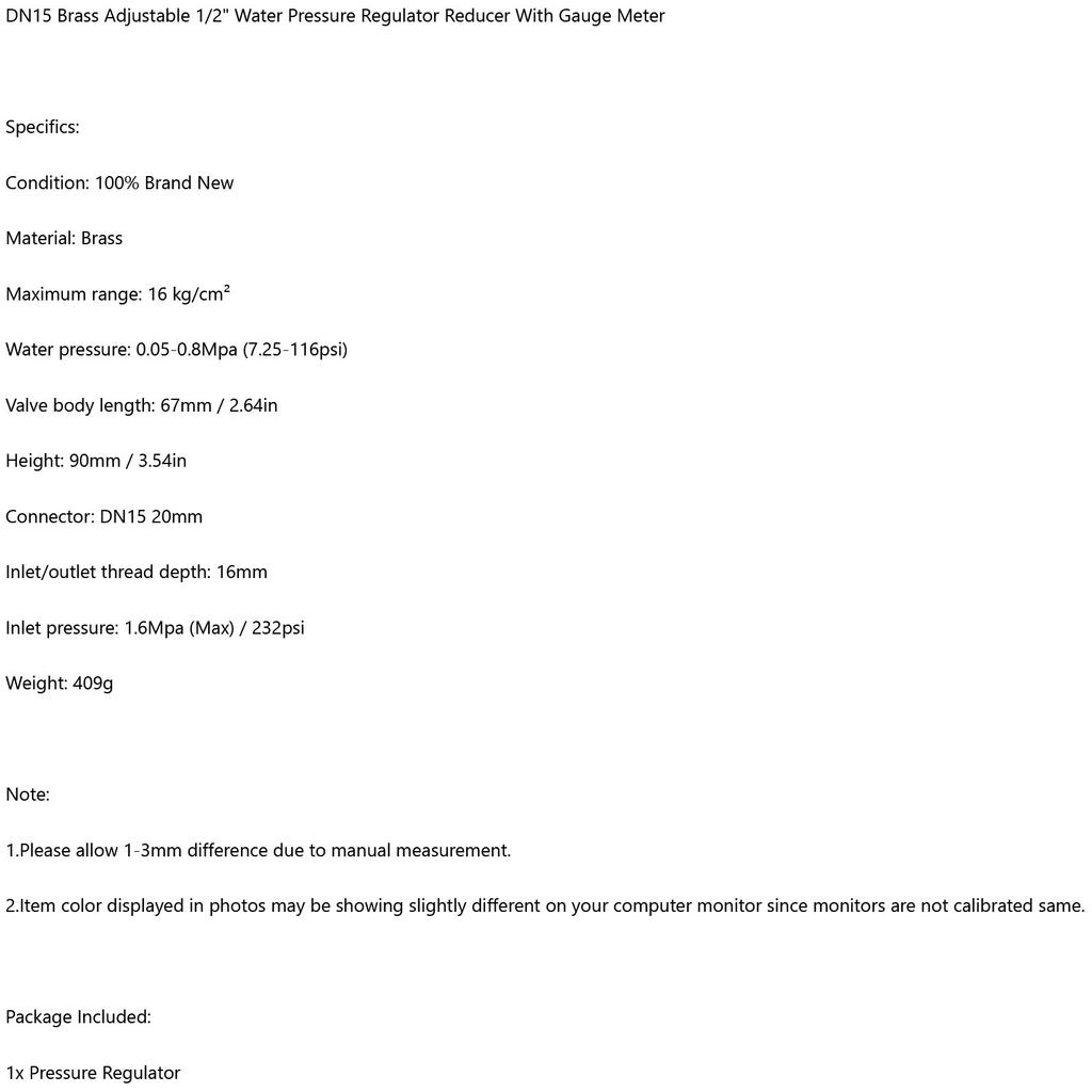 DN15 Brass Adjustable 1/2" Water Pressure Regulator Reducer With Gauge Meter