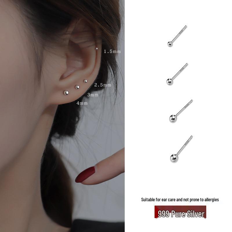 S999 Pure Silver Round Stud Earrings for Women - High-End Cartilage and Ear Piercing Needles To Prevent Clogging