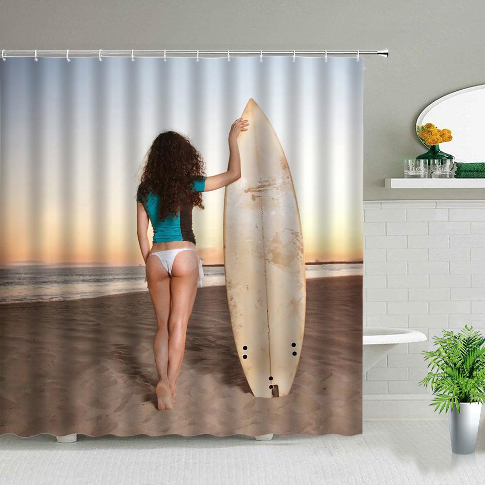 Солнечный свет Пляжная девушка Пальма Доска для серфинга Пейзаж Шторки для душа Сексуальная женщина 3D-принт Шикарная занавеска Декор для ванной комнаты С крючками