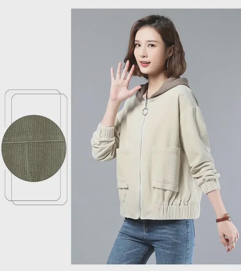 Женская вельветовая куртка с капюшоном и карманами — универсальная, легкая, для весны, осени и зимы