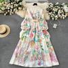 Plus Size Elegant Floral Print Holiday Beach Long Maxi Robe Dresses Women Spring Summer Stand Lantern Sleeve Sashes Robes