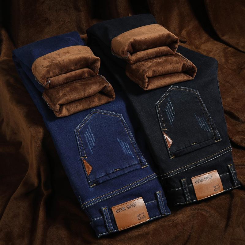 2024 Осень/Зима Новые Плюшевые Толстые Джинсы Мужские Облегающие Эластичные Прямые Брюки Повседневные Мужские Брюки