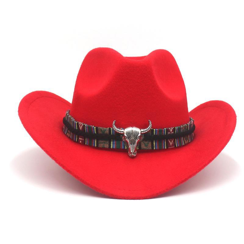 Western Cowboy-Style Wool Felt Hat with Bull Head Accent - Tibetan-Inspired Autumn/Winter Jazz Hat