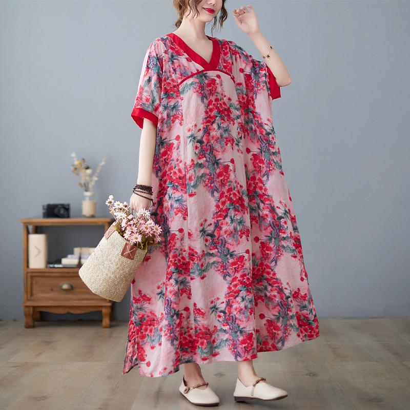 Летнее свободное платье большого размера в китайском стиле с V-образным вырезом, контрастное хлопковое льняное платье с короткими рукавами, утягивающее, средней длины, для женщин, платья